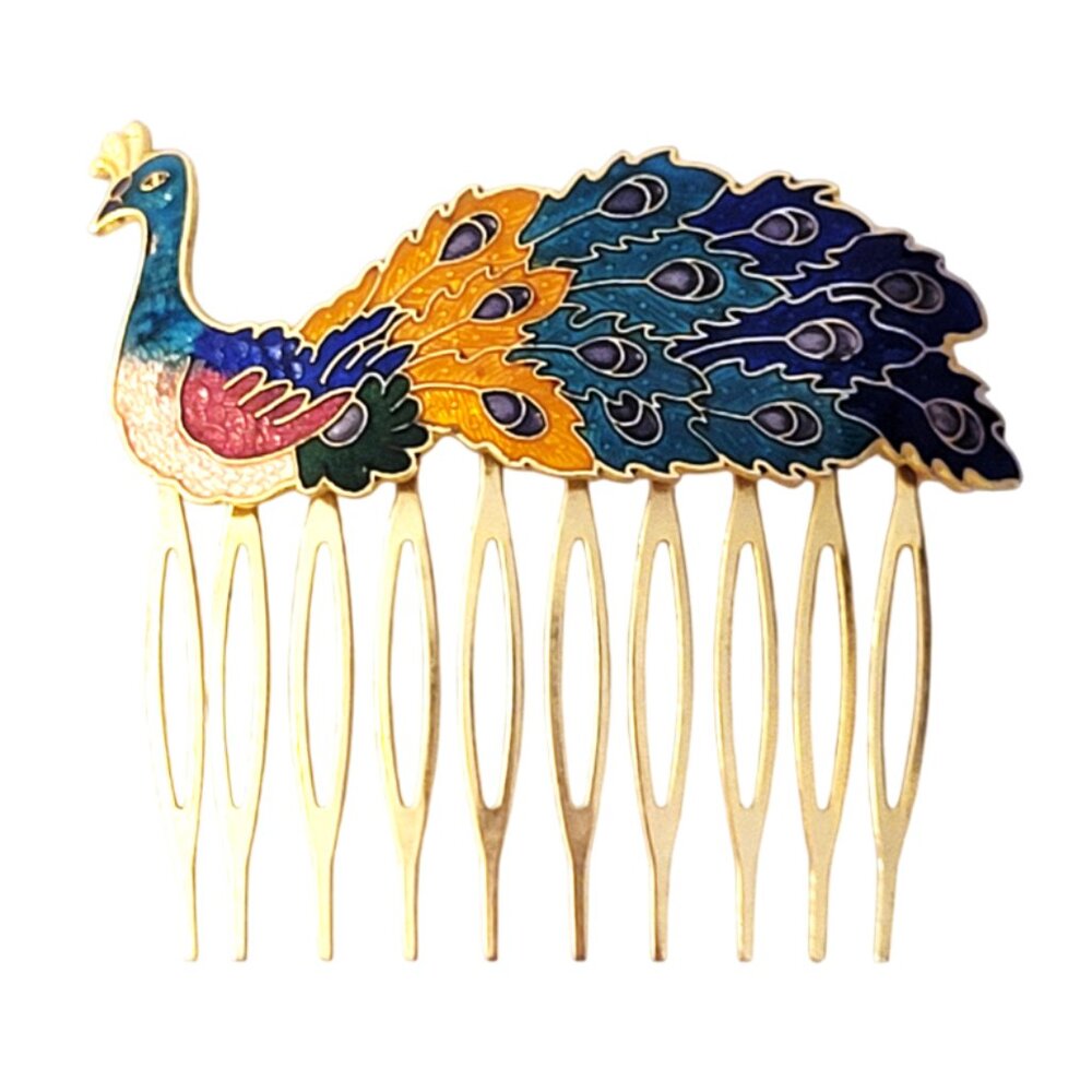 Vintage Metal Enamel Cloisonné Peacock Decorative Multicolor Gold Hair Comb